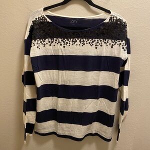 Loft Blue & White Striped Sequin Long Sleeve Boat Neck Tunic Size L NEW